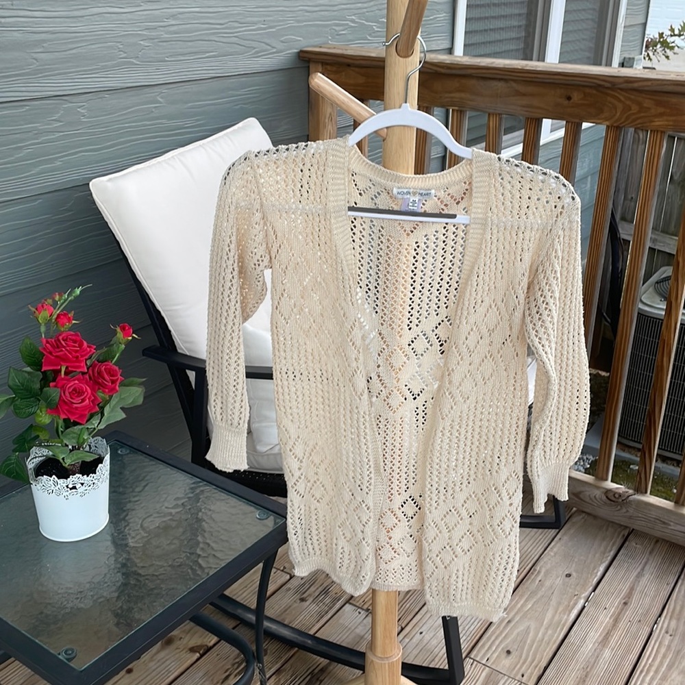 Romantic Ivory Crochet Cardigan (Size: Medium)